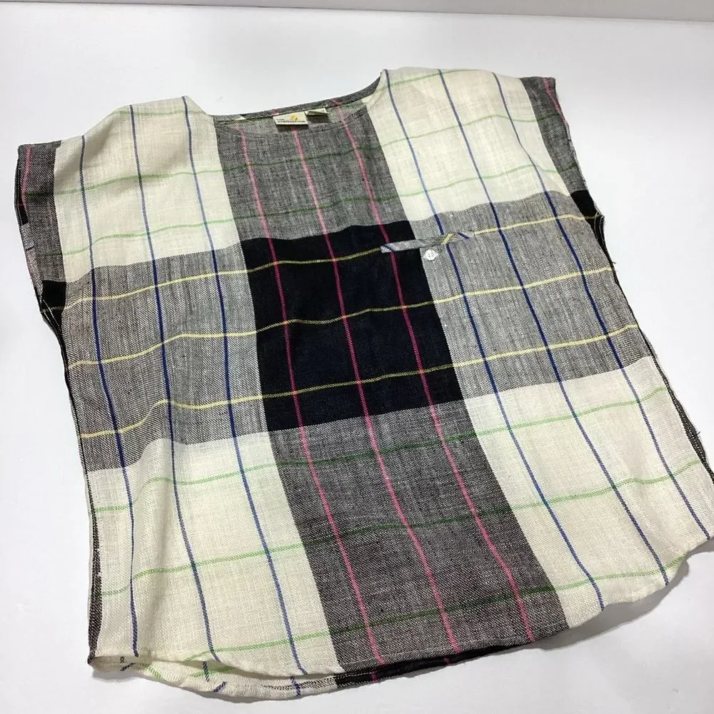 Vintage Liz Claiborne Linen Blouse Size 12 Black White Gray Plaid Grid Print - Picture 9 of 9